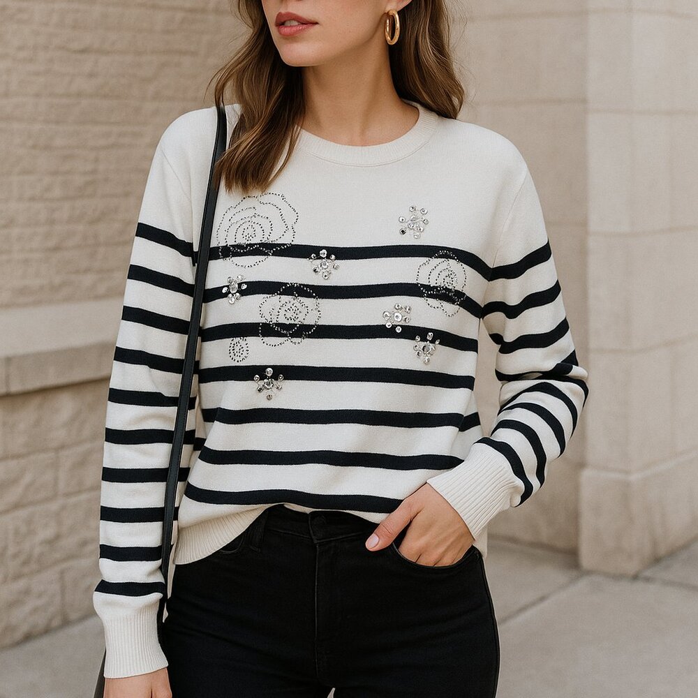 Karl Lagerfeld Paris Embellished Striped Sweater – Size XL
